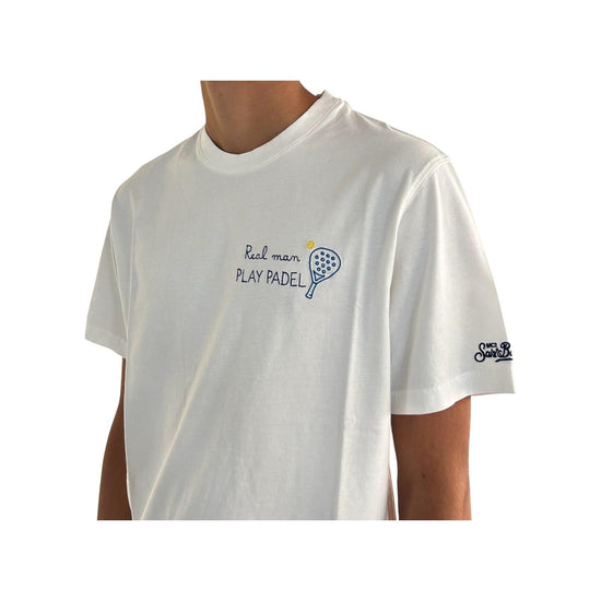 T-Shirt in cotone bianco con ricamo Real man play padel ARN0001 03183I MC2 SAINT BARTH 