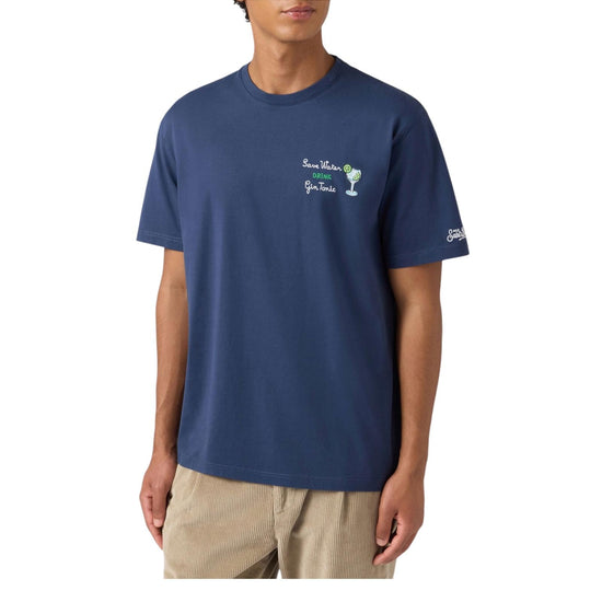 T-shirt in cotone Blu con ricamo Save water drink gin tonic ARN0001 00136I MC2 SAINT BARTH 