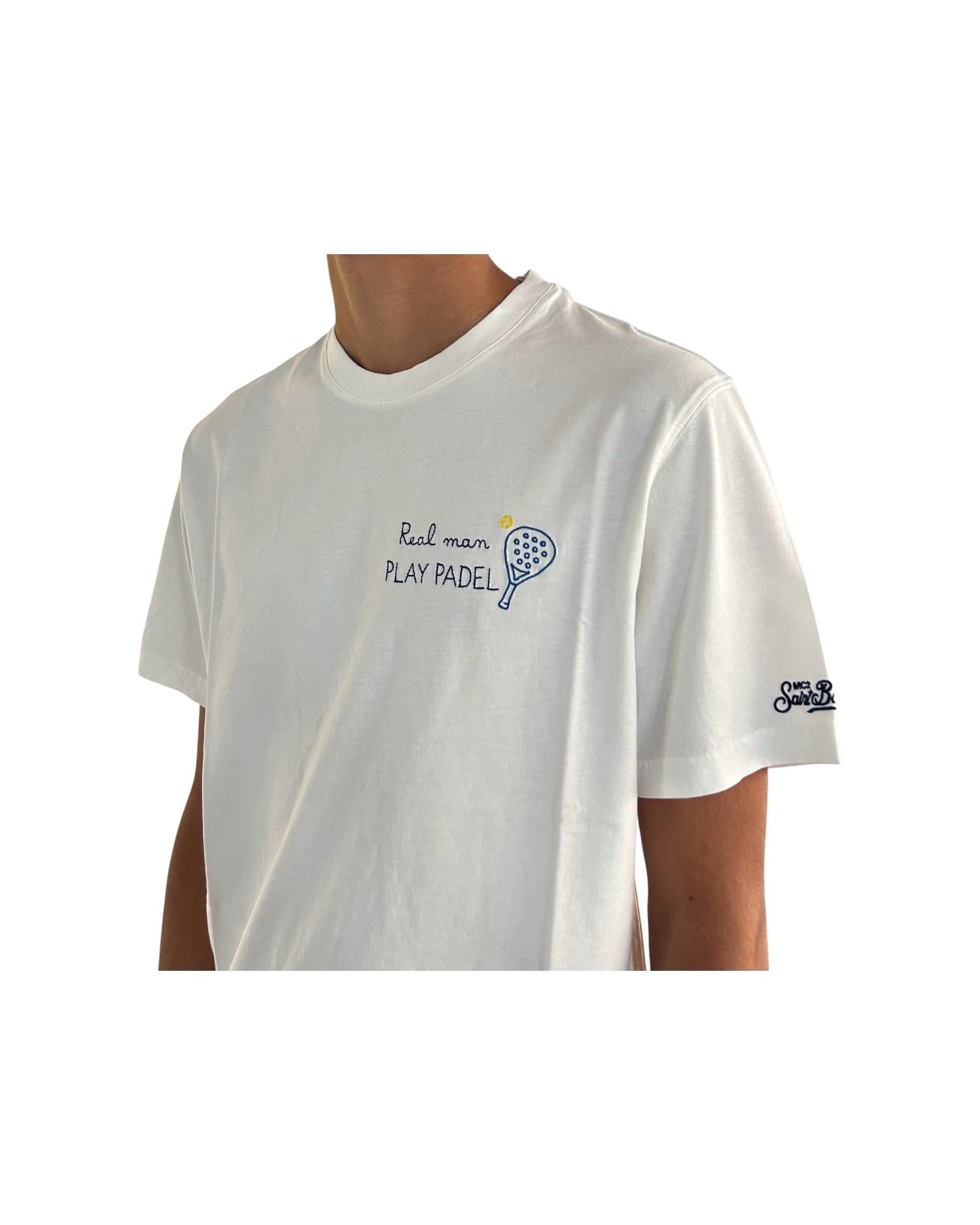 T-Shirt in cotone bianco con ricamo Real man play padel ARN0001 03183I MC2 SAINT BARTH 