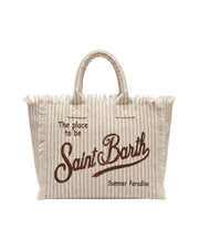 Borsa Vanity in lino a righe Beige e bianche