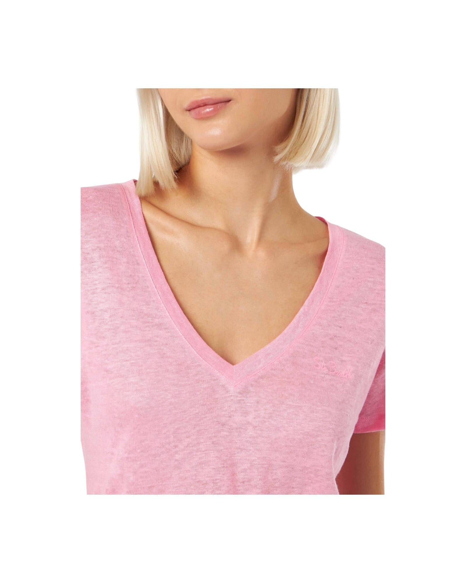 T-shirt scollo a V rosa Eloise in jersey di lino ELOI001 05967H MC2 SAINT BARTH 