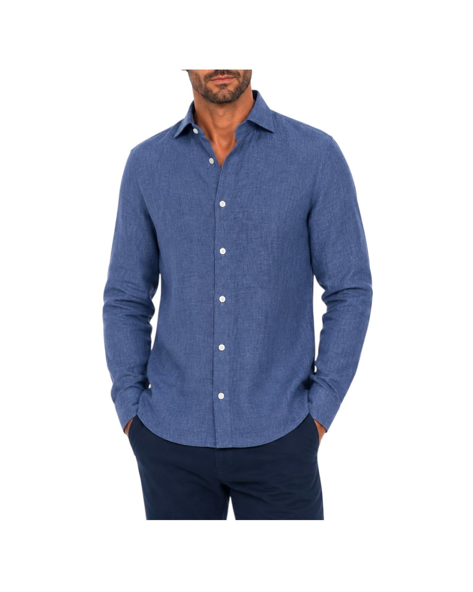 Camicia Uomo in lino Blu B4718 7 BASTONCINO 