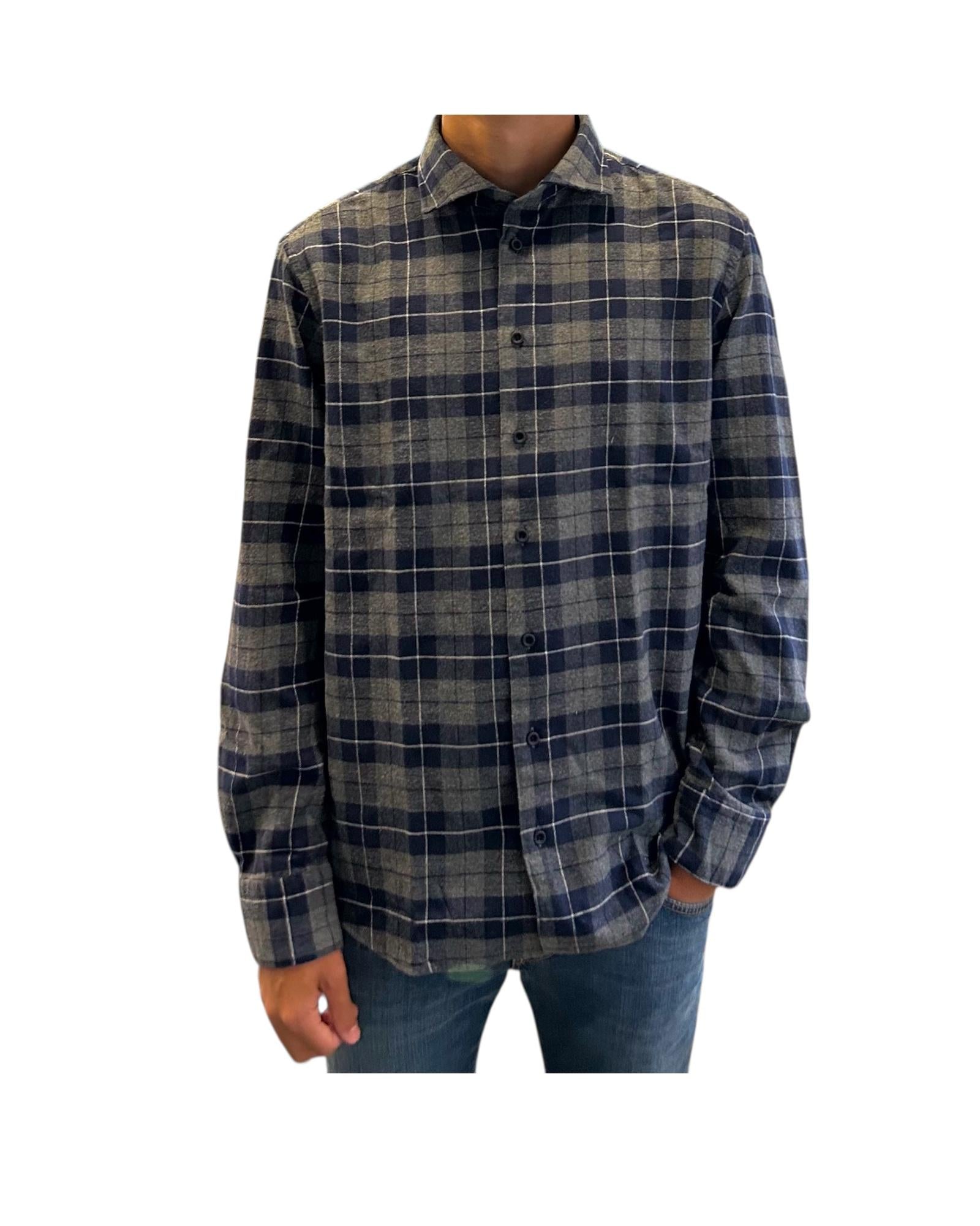 Camicia uomo in flanella Check blu e grigio B4458 UNICO BASTONCINO