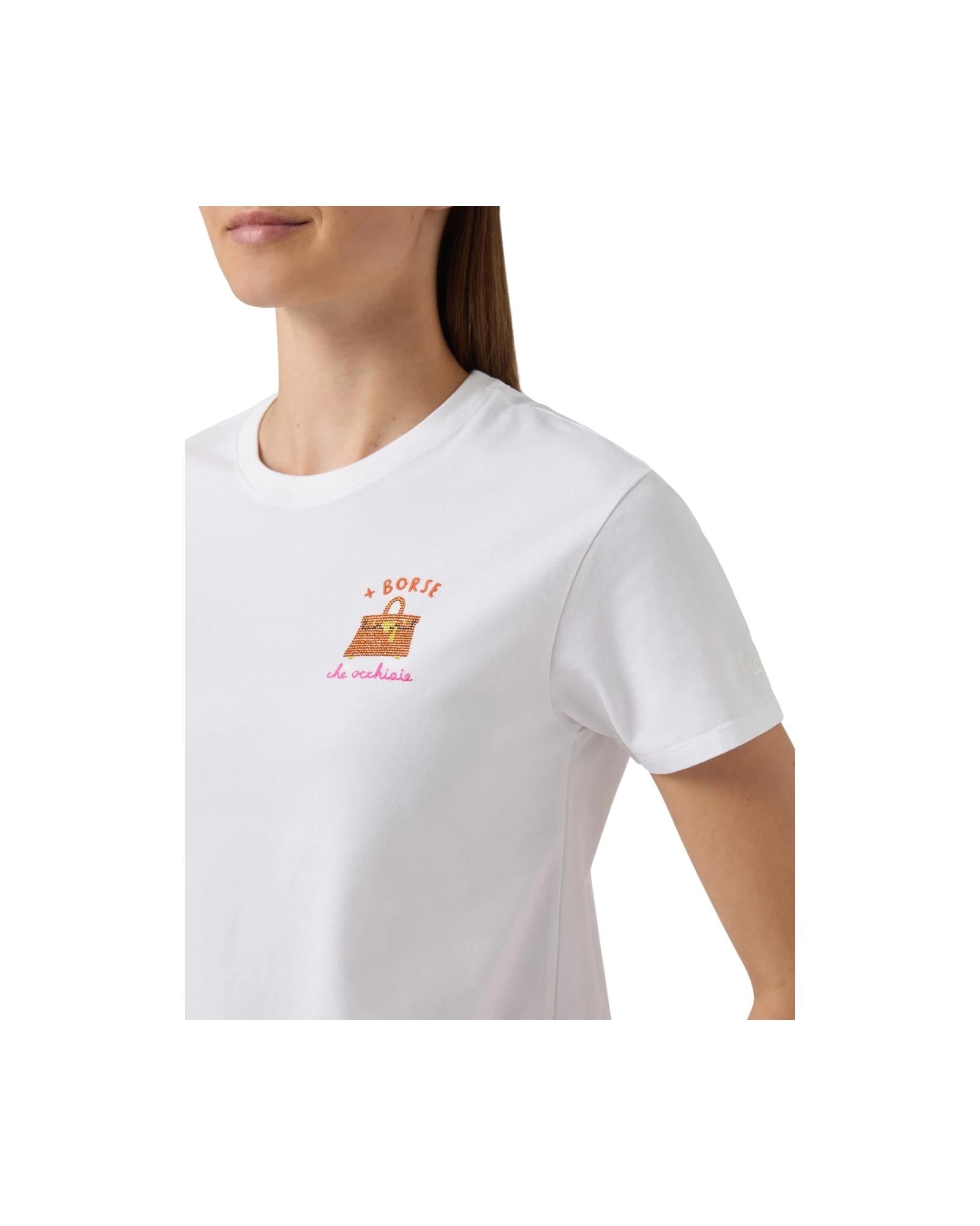 T-Shirt bianca con ricamo Più borse che occhiaie EMI0001 08579L MC2 SAINT BARTH 