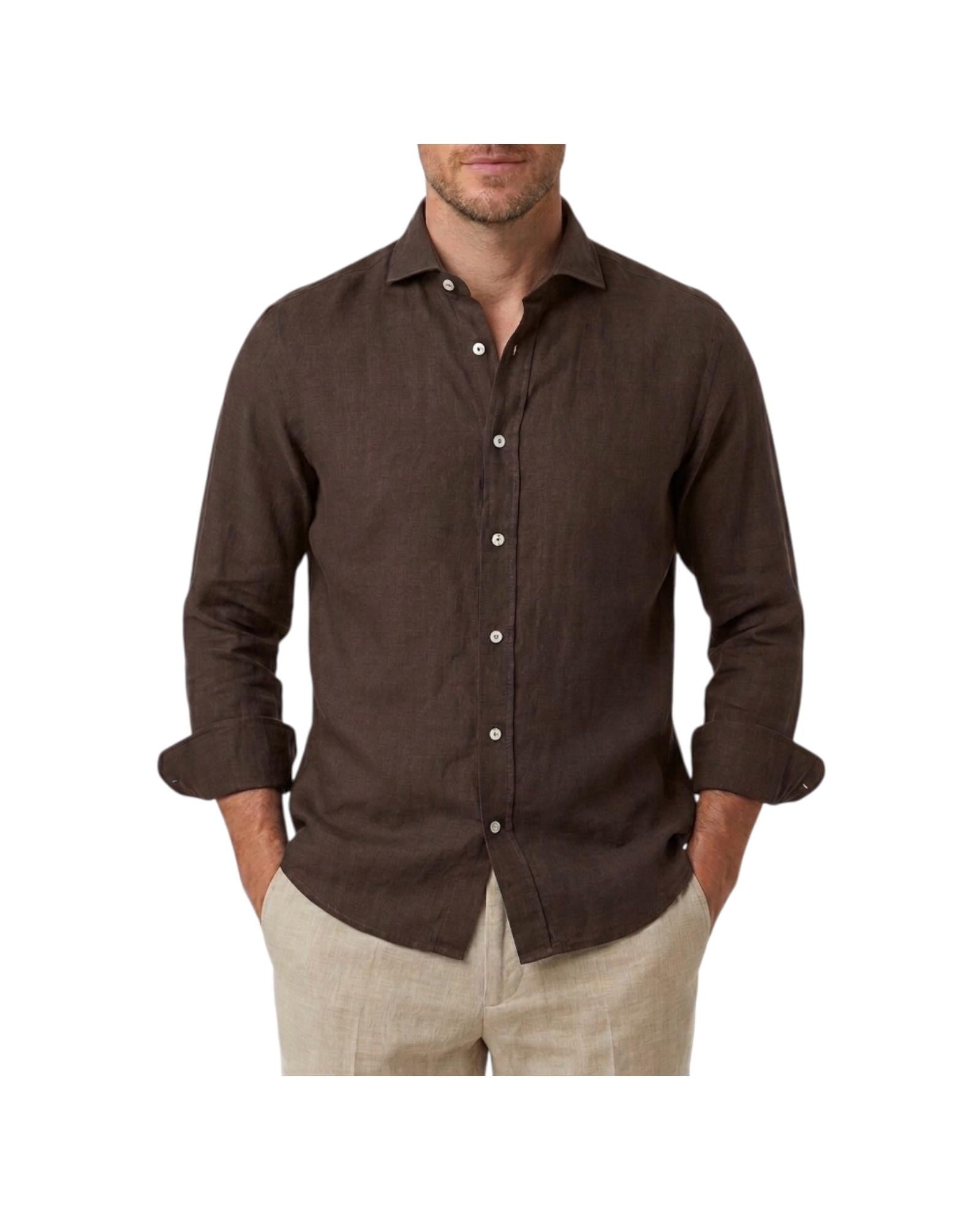 Camicia Simo uomo in lino Marrone B050 9 BASTONCINO 